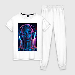 Пижама хлопковая женская Девушка с наушниками в неоне, цвет: белый