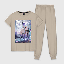 Пижама хлопковая женская Девушка лежащая на глади воды с бабочками и лепест, цвет: миндальный