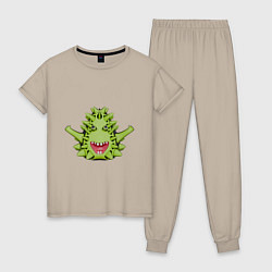 Пижама хлопковая женская Cartoon monster with spikes green, цвет: миндальный