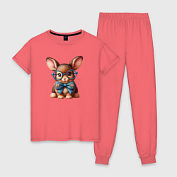 Пижама хлопковая женская Кролик мальчик в очках, цвет: коралловый