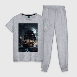 Пижама хлопковая женская Пиратский корабль в шторм, цвет: меланж