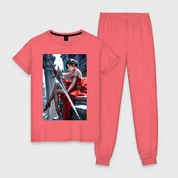 Пижама хлопковая женская Девушка в красном платье с мечем, цвет: коралловый