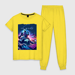 Пижама хлопковая женская Cyber panther is esports player - neon glow, цвет: желтый