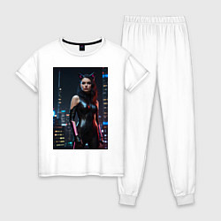 Женская пижама Девушка с кошачьими ушами стоит на фоне небоскребо