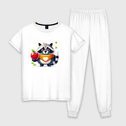Пижама хлопковая женская Енот с яблоком в лапе, цвет: белый