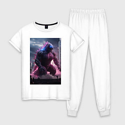 Пижама хлопковая женская Годзилла посреди мегаполиса, цвет: белый