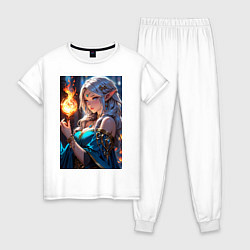 Пижама хлопковая женская Прекрасная эльфийка-маг с шаром огня, цвет: белый