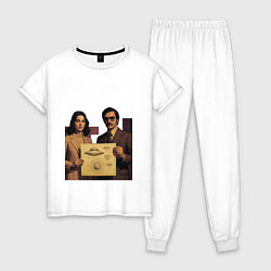 Пижама хлопковая женская Мужчина и девушка с чертежом НЛО ретрофутуризм поп, цвет: белый