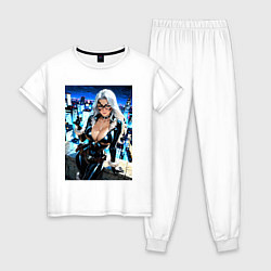 Женская пижама Черная кошка с брилиантом на крыше здания