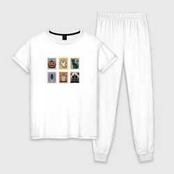 Пижама хлопковая женская Символы Хэллоуина тыква привидение и черный кот, цвет: белый