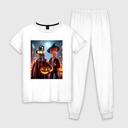 Пижама хлопковая женская Бендер и Фрай в шляпе - ночь на хэллоуин, цвет: белый