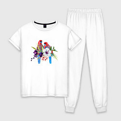 Пижама хлопковая женская Попугаи с цветами, цвет: белый