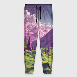 Брюки женские Геометрический зеленый пейзаж и фиолетовые горы, цвет: 3D-принт