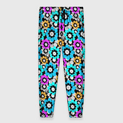 Женские брюки Разноцветные цветы бирюзовые малиновые синие