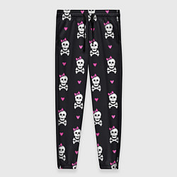 Брюки женские Милый паттерн с черепами и сердцечками на черном ф, цвет: 3D-принт