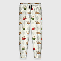 Брюки женские Зимний паттерн с оленем и чашками какао, цвет: 3D-принт