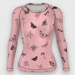 Рашгард женский Цветочки и бабочки на розовом фоне, цвет: 3D-принт