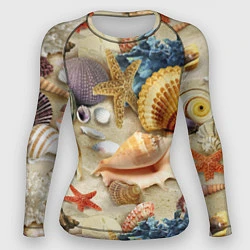 Рашгард женский Морские раковины, кораллы, морские звёзды на песке, цвет: 3D-принт