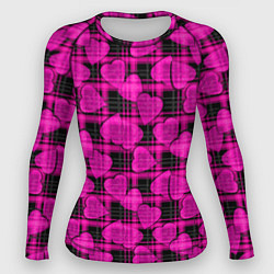 Рашгард женский Black and pink hearts pattern on checkered, цвет: 3D-принт