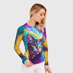 Рашгард женский Полосатый кот с разноцветной звездной туманностью, цвет: 3D-принт — фото 2