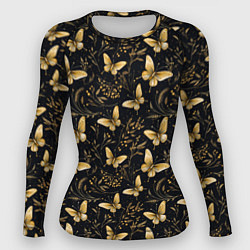 Рашгард женский Золотые бабочки на черном фоне, цвет: 3D-принт