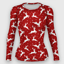 Рашгард женский Красный паттерн с новогодними оленями, цвет: 3D-принт
