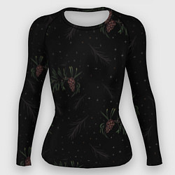 Рашгард женский Ветка елки с шишками на черном фоне, цвет: 3D-принт