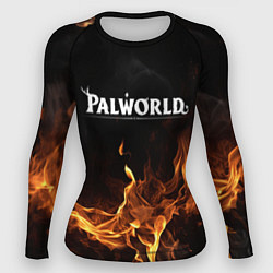 Женский рашгард Palworld логотип на черном фоне с огнем