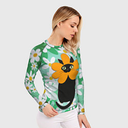 Рашгард женский Черный кот хиппи в костюме цветочка, цвет: 3D-принт — фото 2