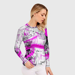 Рашгард женский Бело-розовая абстракция на чёрном фоне, цвет: 3D-принт — фото 2