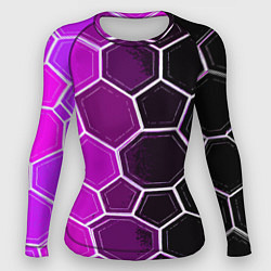 Женский рашгард Белые шестиугольники на чёрно-фиолетовом фоне