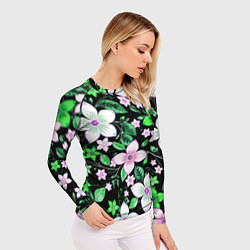Рашгард женский Зелёно-белые цветы на чёрном фоне, цвет: 3D-принт — фото 2