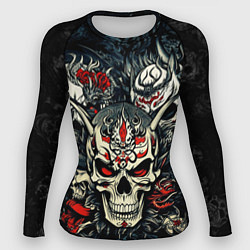 Женский рашгард Маска Хання на черепе самурая на фоне духов
