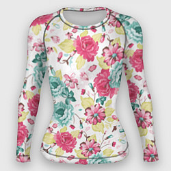Рашгард женский Розы красные и бирюзовые, цвет: 3D-принт