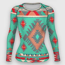 Рашгард женский Оранжево бирюзовый геометрический узор в стиле ацт, цвет: 3D-принт