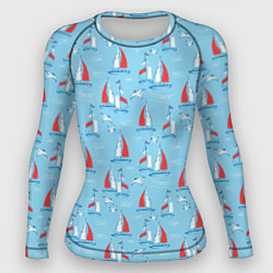 Рашгард женский Морской паттерн с парусными лодками и чайками, цвет: 3D-принт