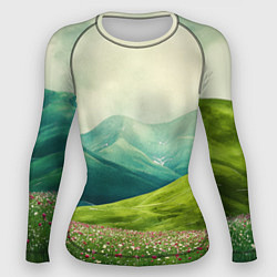 Женский рашгард Горы и поле с цветами - зеленый пейзаж