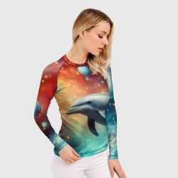 Рашгард женский Галактический дельфин - неоновый космос, цвет: 3D-принт — фото 2