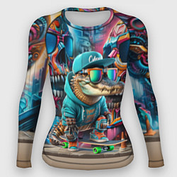 Женский рашгард Крокодилёныш крутой скейтбордист - киберпанк