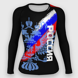 Рашгард женский Россия с флагом и гербом на чёрном фоне, цвет: 3D-принт