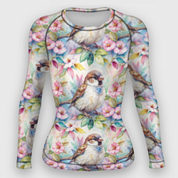 Рашгард женский Воробей в ярких цветах паттерн, цвет: 3D-принт