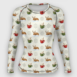 Рашгард женский Зимний паттерн с оленем и чашками какао, цвет: 3D-принт