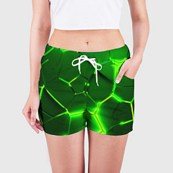 Шорты женские 3D ПЛИТЫ НЕОН NEON GREEN HEXAGON РАЗЛОМ, цвет: 3D-принт — фото 2