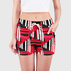 Шорты женские Красный, черный и белый горошек и полоска, пэчворк, цвет: 3D-принт — фото 2