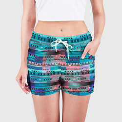 Шорты женские Голубой с разноцветными вставками этнический орнам, цвет: 3D-принт — фото 2
