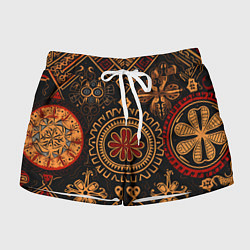 Шорты женские Орнамент в славянском стиле на тёмном фоне, цвет: 3D-принт