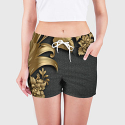 Шорты женские Золотые объемные листья на сером фоне, цвет: 3D-принт — фото 2