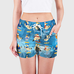 Шорты женские Паттерн чаек на полигональном синем, цвет: 3D-принт — фото 2