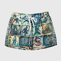 Шорты женские Самураи на пэчворк дениме, цвет: 3D-принт