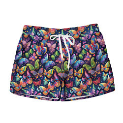 Шорты женские Бабочки в паттерне разноцветный яркий фон, цвет: 3D-принт